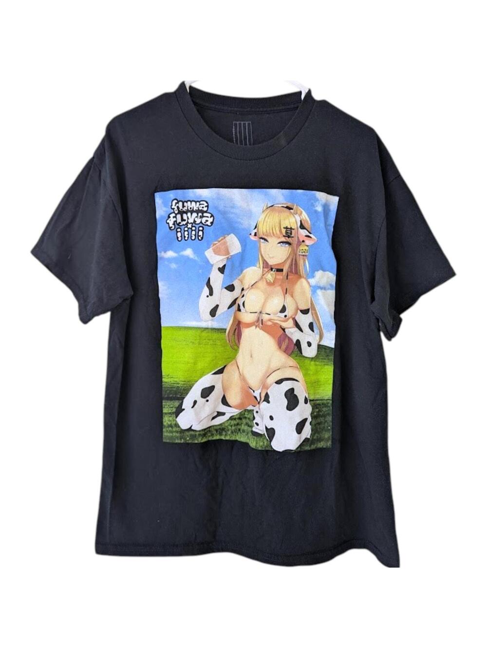 Fuwa Fuwa X Mommy Milkers Foureyes Anime Cowgirl Black T-Shirt L Waifu Ecchi Art